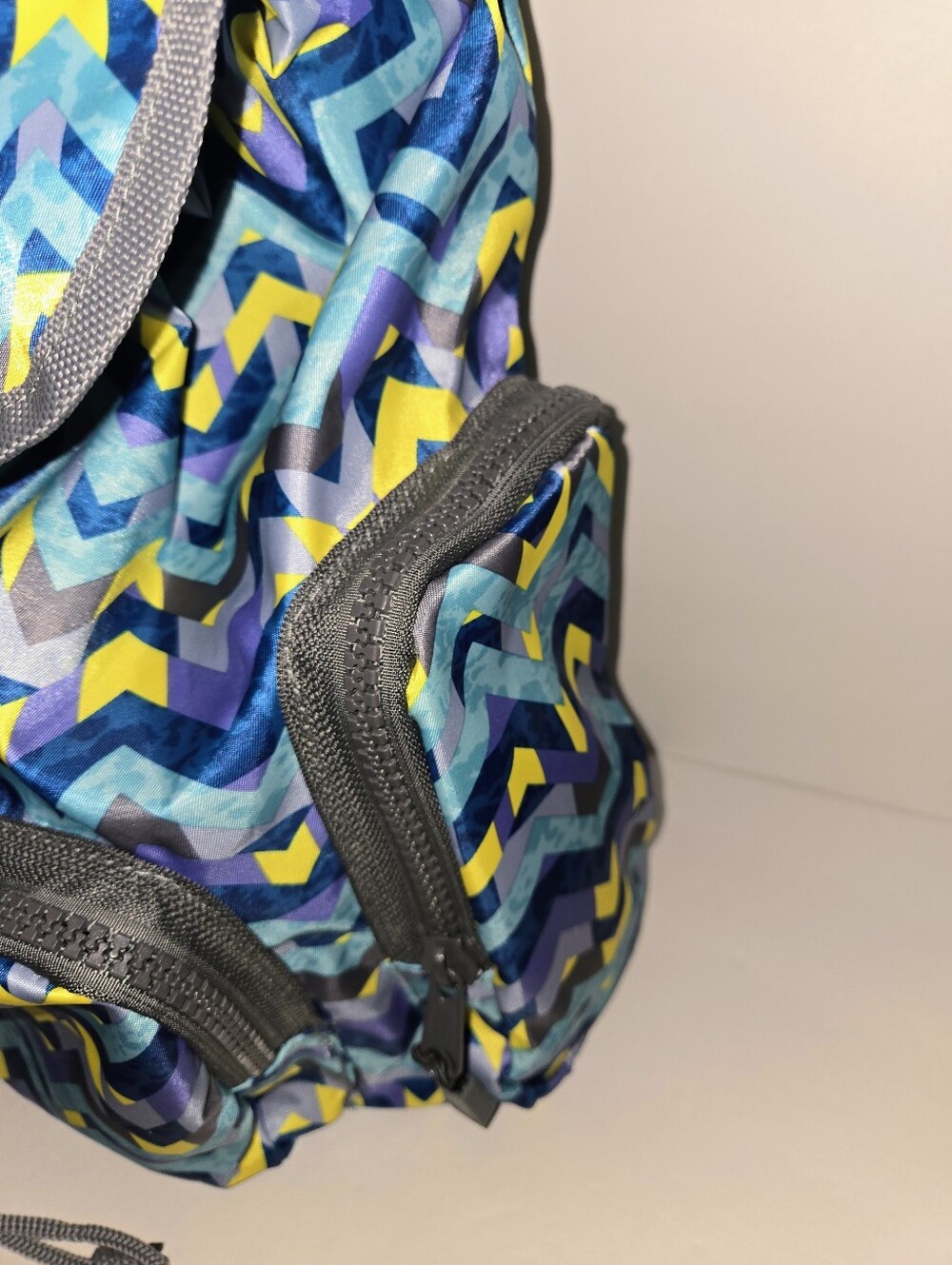 Chevron Print Drawstring Backpack in Teal - Navy & Yellow - Picture 2 of 13